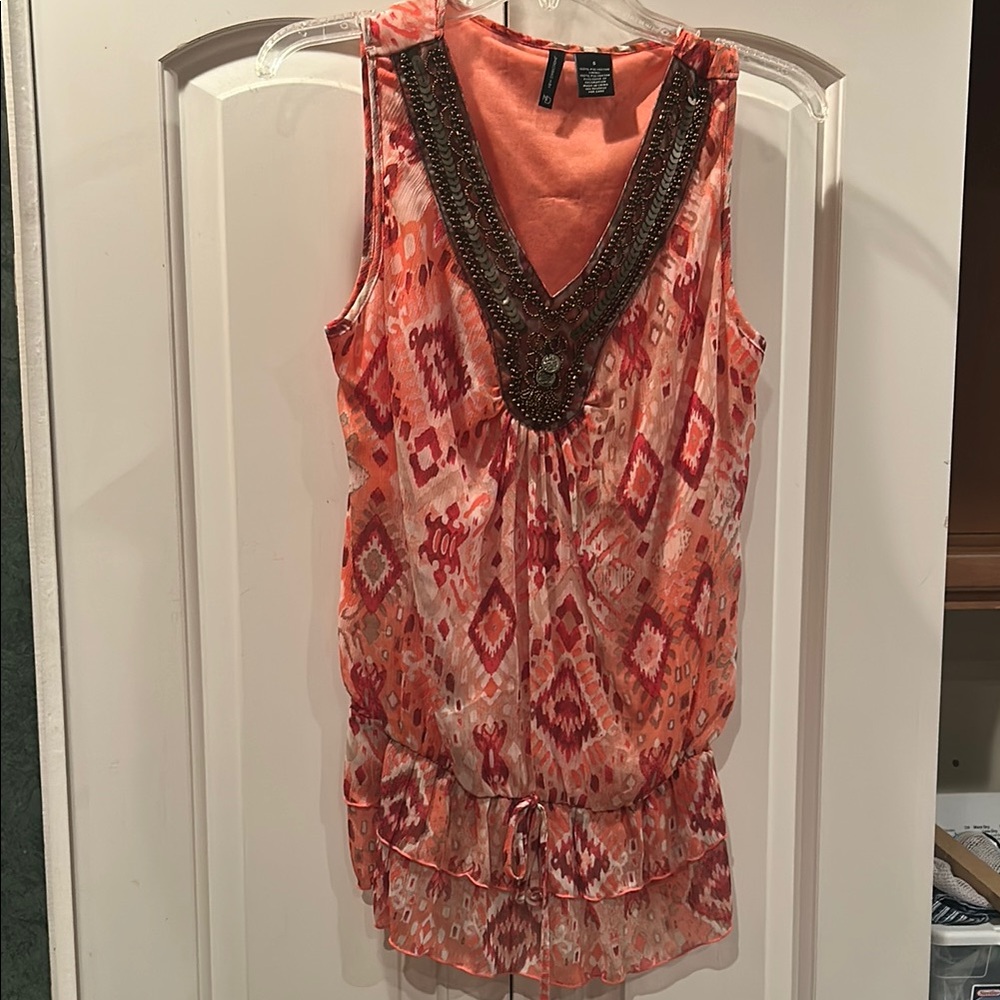 New Directions Pink Blouse with Black Embellished Neckline